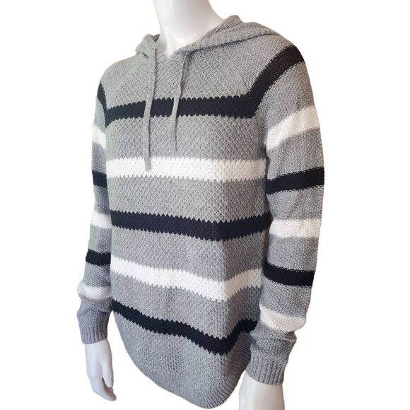 Cloud Chaser Gray, Black, & White Striped Knit Hoodie (M) - Picture 2 of 6